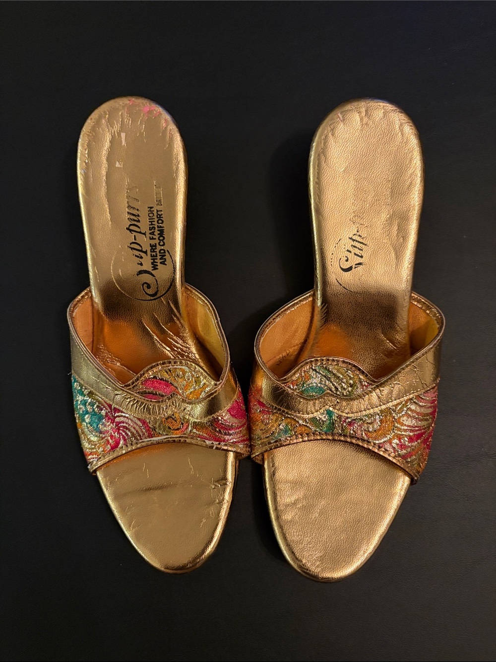 Vintage Gold Embroidered Slide Wedges